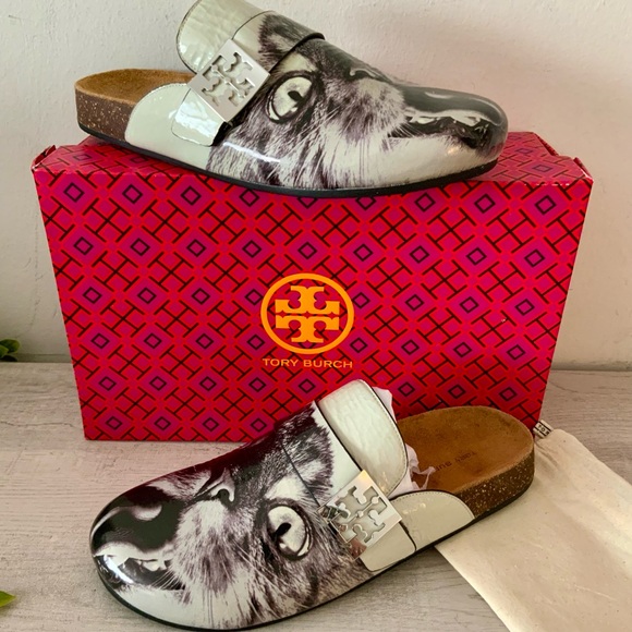 NIB TORY BURCH ANIMAL HOUSE CAT PRINT MELLOW MULES SLIDES MULTIPLE SIZES